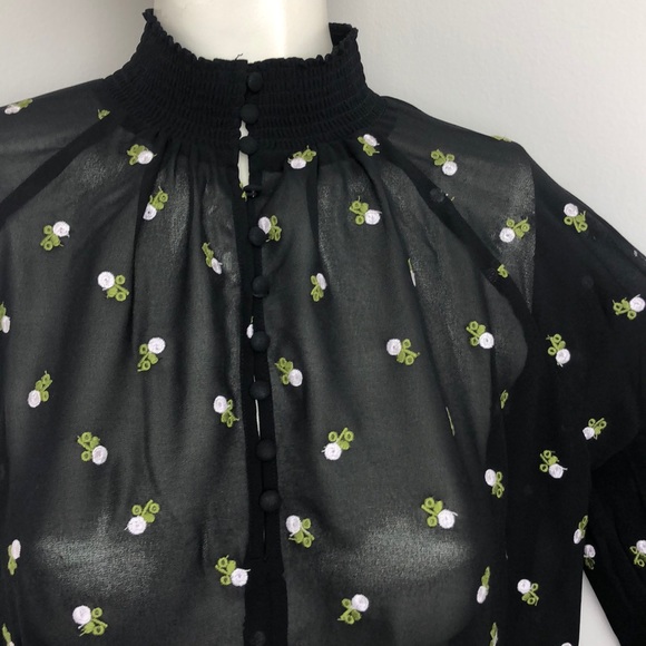 Cabi Black Embroidered Sheer Floral Smocked Neck Blouse Size XS - Picture 4 of 10